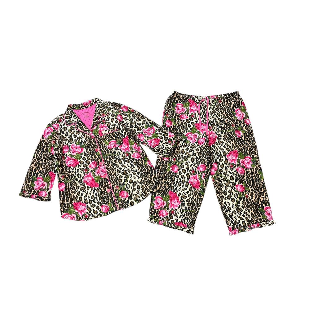 Nick & Nora Pink Rose & Cheetah Print Pajama Set Size Large Sleepwear Y2K